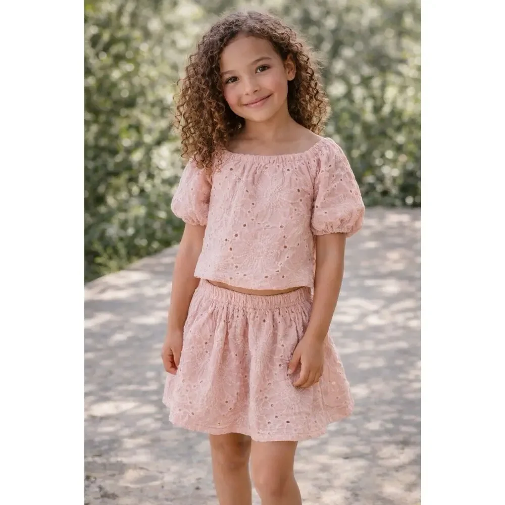 H&M Girls Eyelet Embroidered Top And Skirt Set Dusty Rose Pink 5T Outfit Set